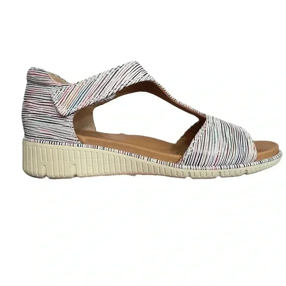 Nurture Multicolor Striped Leather Low Wedge Hook and Loop Sandals Womens size 8